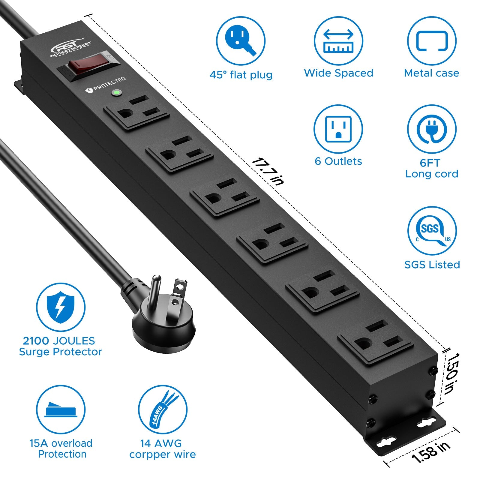 CRST 6 Outlets Wide Spaced Mountable Metal Power Strip Surge Protector, 6FT Flat Plug Power Cord, 2100 Joules Protection, Mount Kits Included