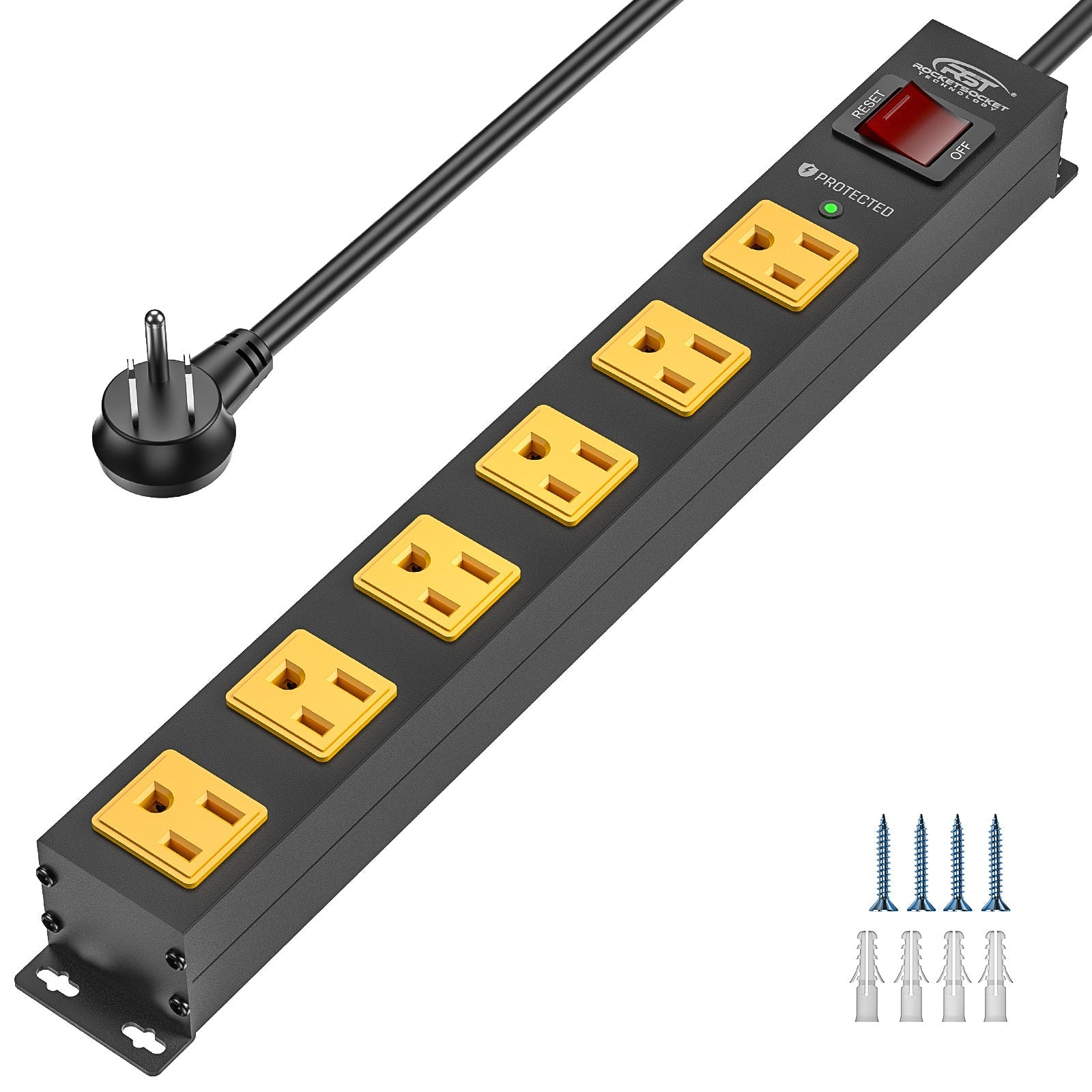 CRST 6 Outlets Wide Spaced Mountable Metal Power Strip Surge Protector, 6FT Flat Plug Power Cord, 2100 Joules Protection, Mount Kits Included
