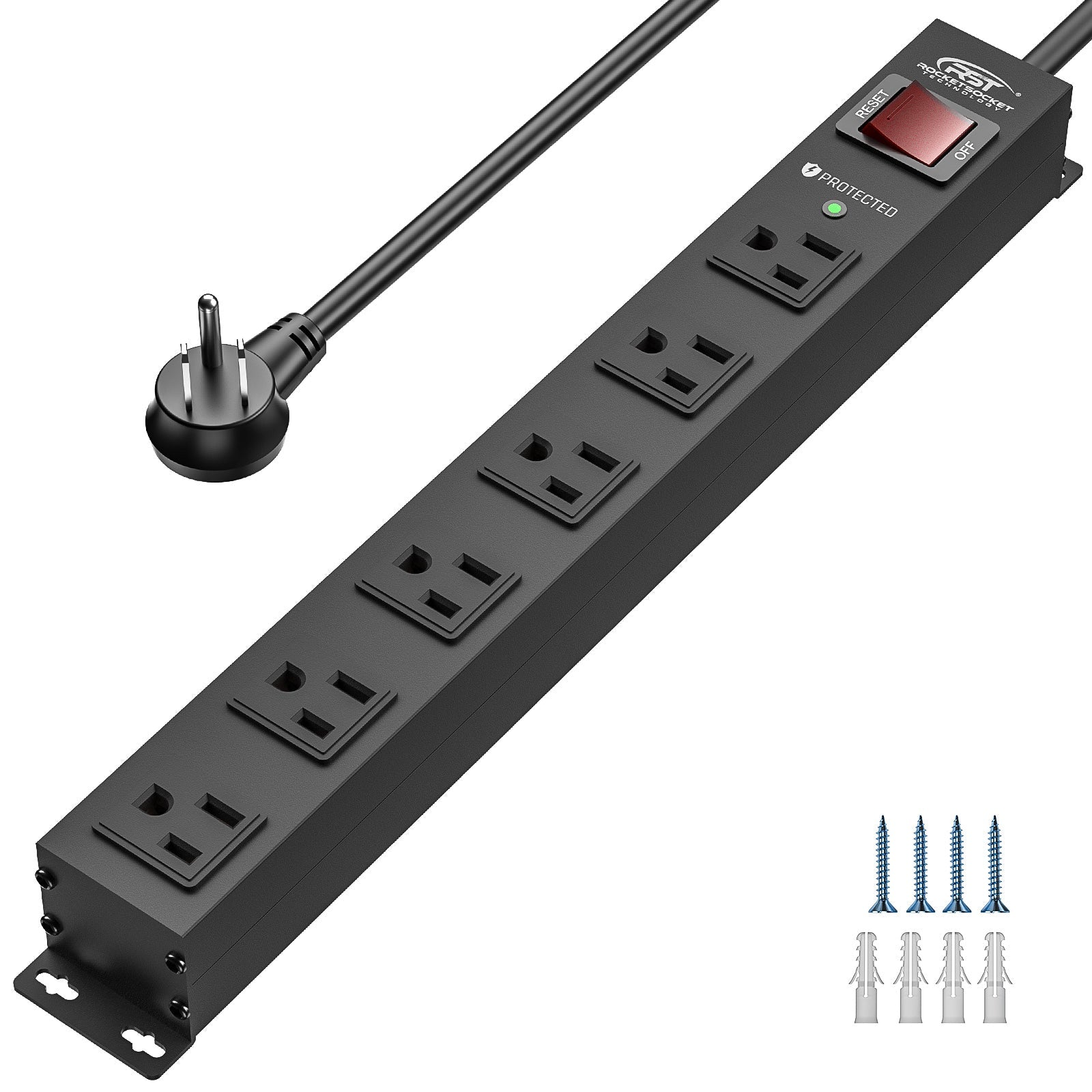 CRST 6 Outlets Wide Spaced Mountable Metal Power Strip Surge Protector, 6FT Flat Plug Power Cord, 2100 Joules Protection, Mount Kits Included