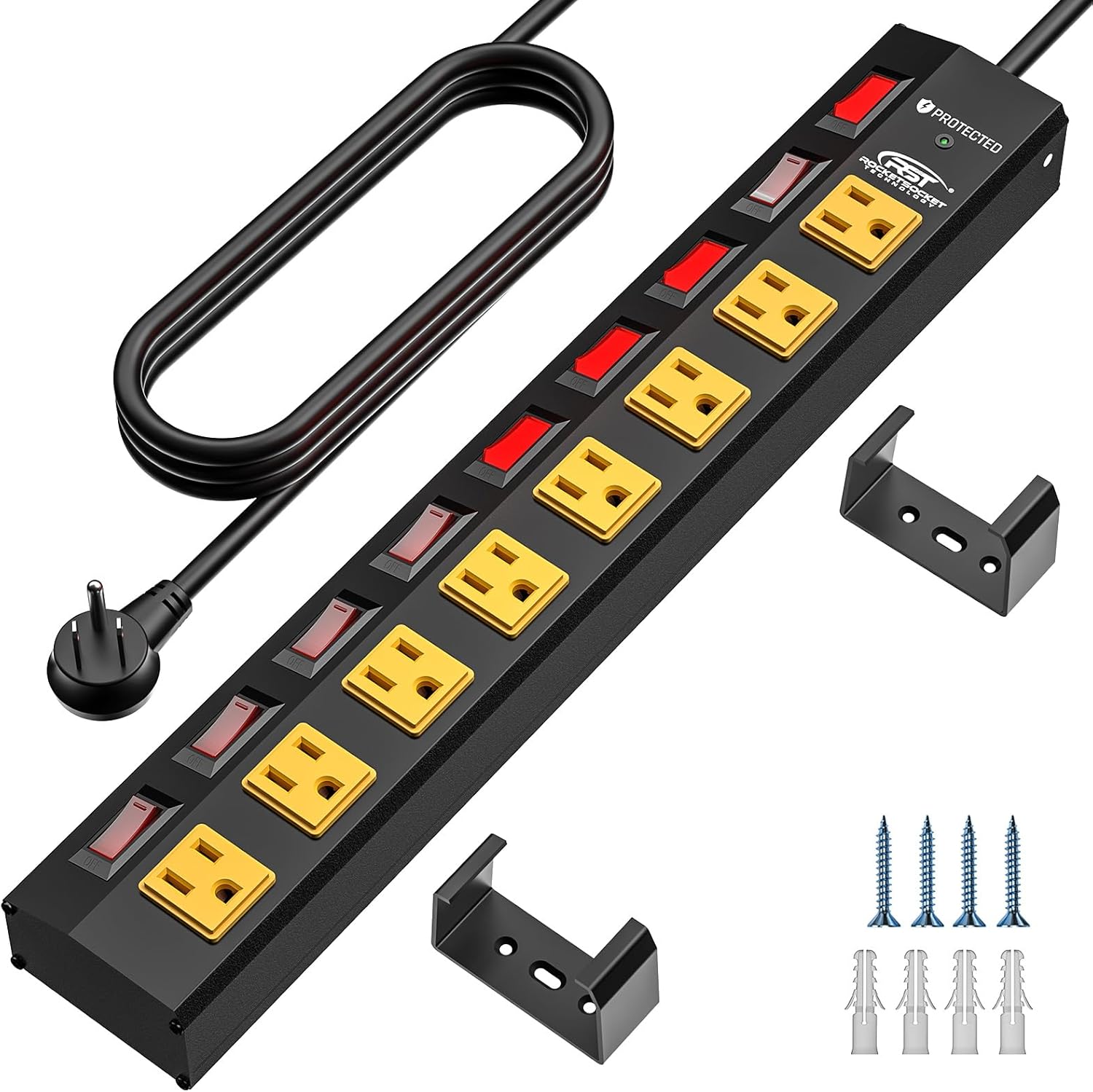 CRST 8-Outlet Metal Power Strip Surge Protector with Individual Switches, 1200 Joules, 6ft Heavy Duty Power Cord, Industrial Wall Mountable Power Bar for Workshop & Garage