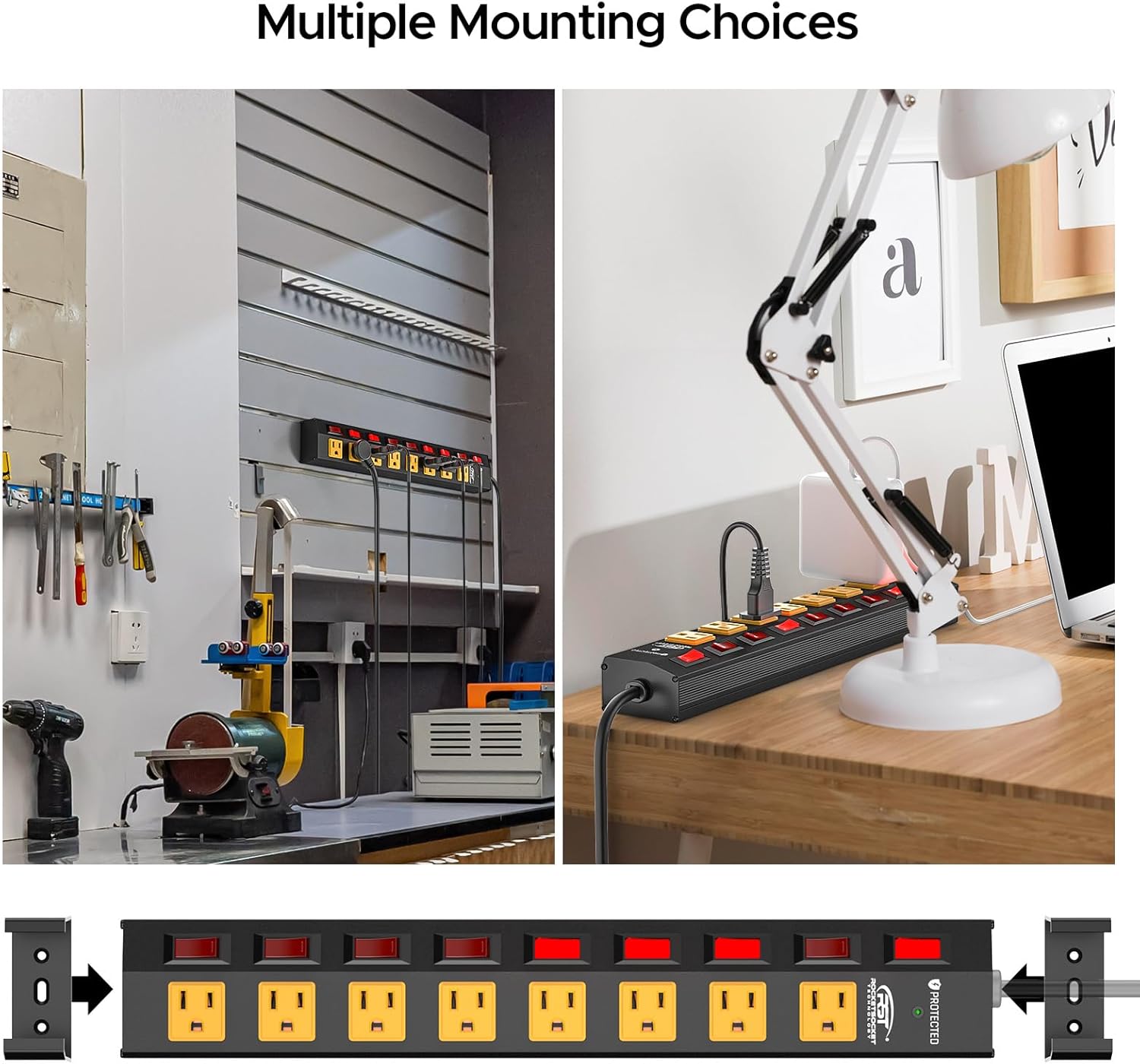 CRST 8-Outlet Metal Power Strip Surge Protector with Individual Switches, 1200 Joules, 6ft Heavy Duty Power Cord, Industrial Wall Mountable Power Bar for Workshop & Garage