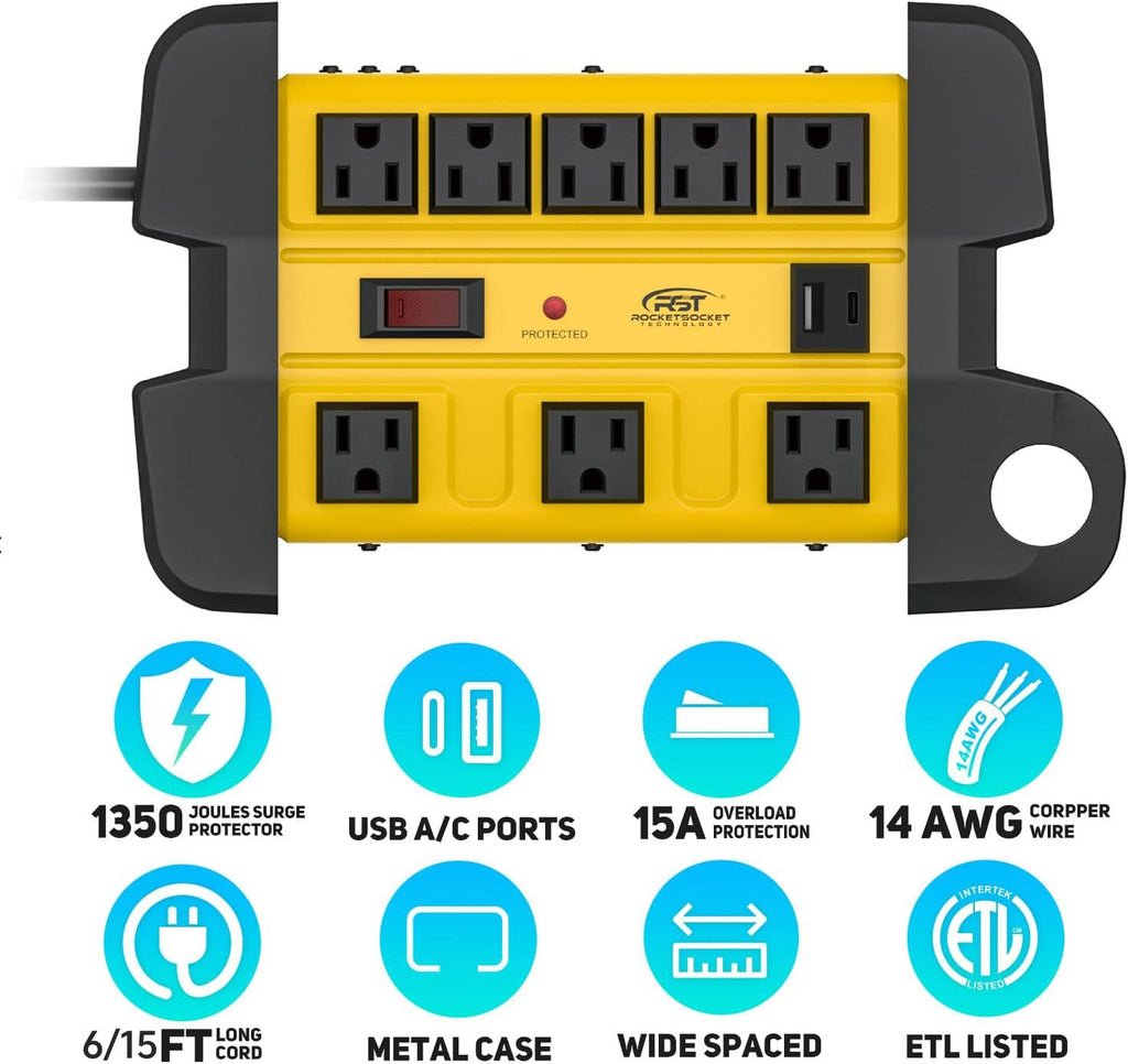 CRST Wide Spaced 8-Outlet Metal Power Strip Surge Protector, 1350 Joules, 6FT/15FT Heavy Duty Cord with Management Wrap,, USB-C & USB-A Ports, Wall Mountable Design
