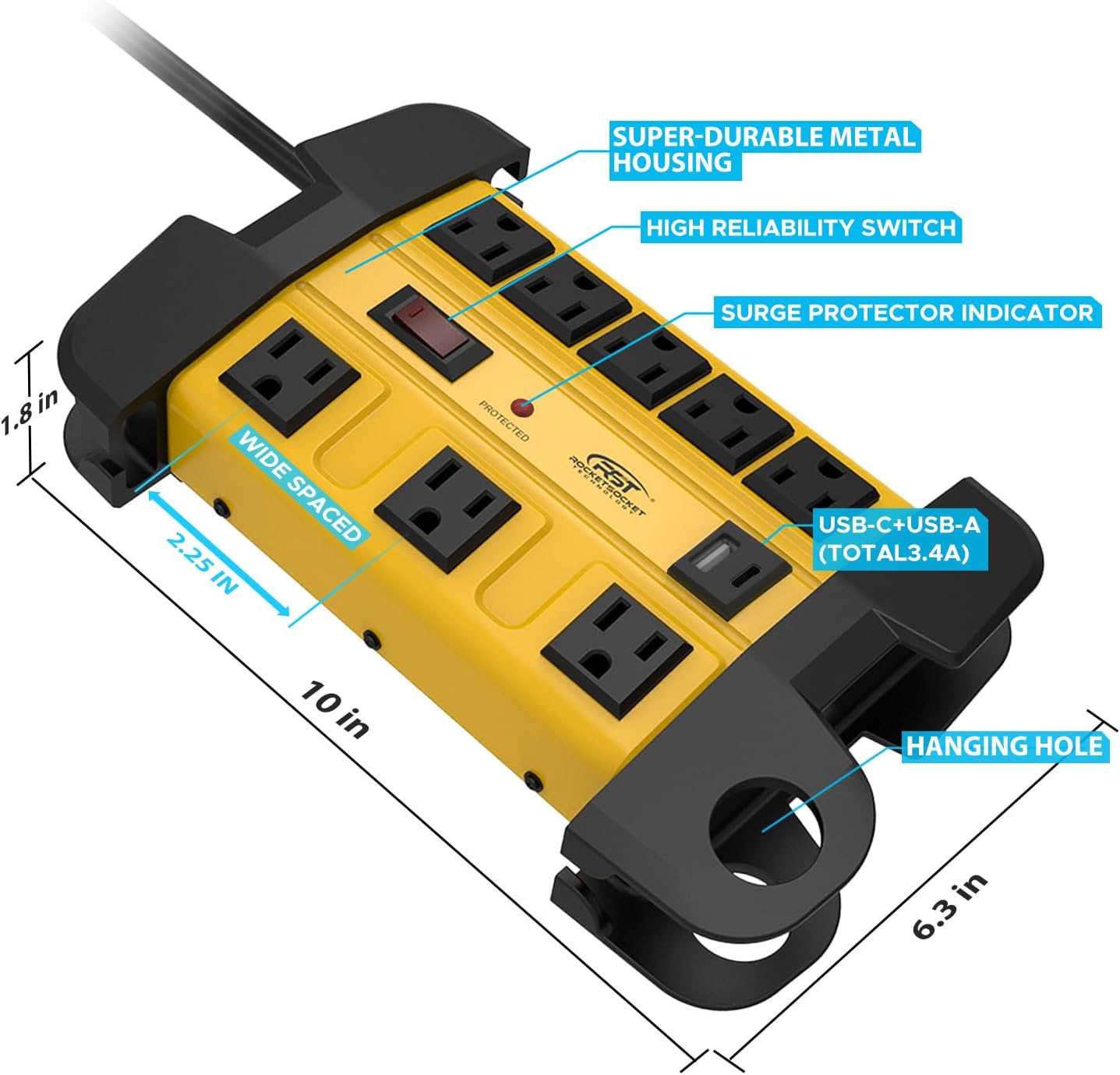 CRST Wide Spaced 8-Outlet Metal Power Strip Surge Protector, 1350 Joules, 6FT/15FT Heavy Duty Cord with Management Wrap,, USB-C & USB-A Ports, Wall Mountable Design