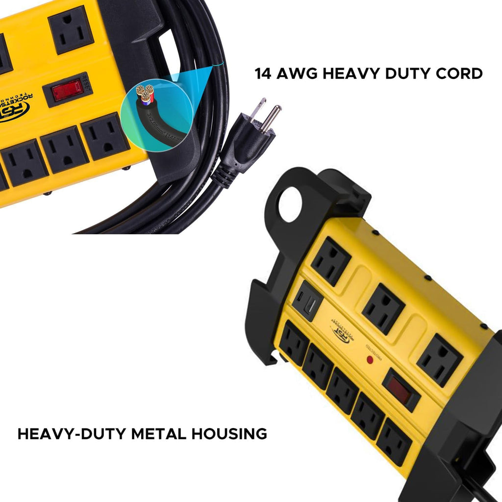 CRST Wide Spaced 8-Outlet Metal Power Strip Surge Protector, 1350 Joules, 6FT/15FT Heavy Duty Cord with Management Wrap,, USB-C & USB-A Ports, Wall Mountable Design