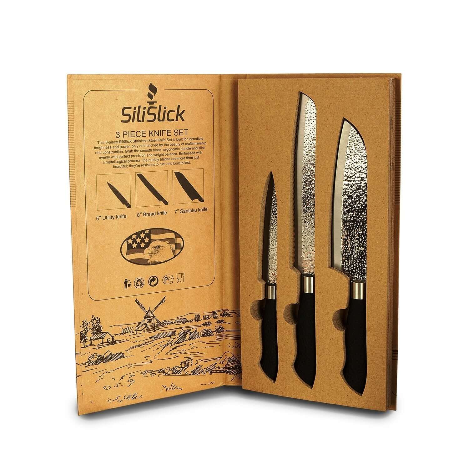 Embossed Hammered Blades 3 Piece Knife Set