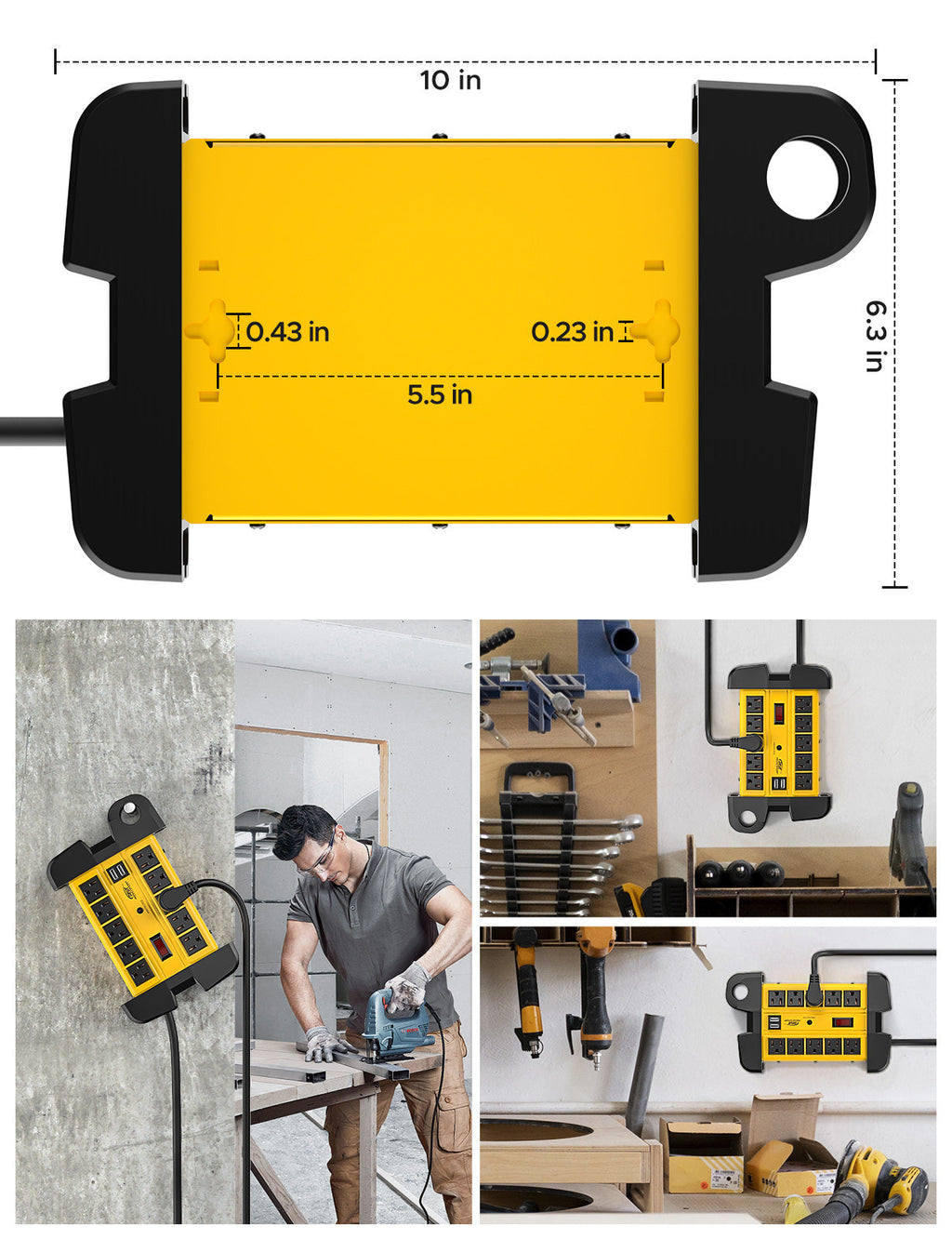 CRST 10-Outlet Metal Surge Protector Power Strip, 2800 Joules Protection, 15FT/6FT Heavy Duty Power Cord with Management Wrap, Wall Mountable Design