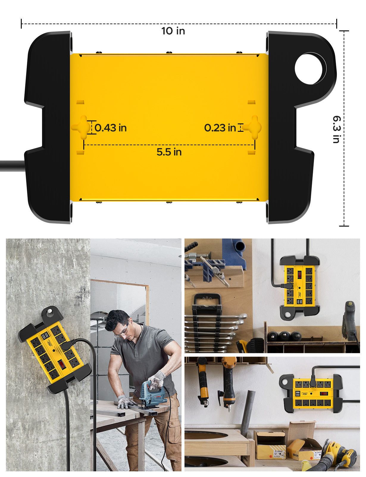 CRST 10-Outlet Metal Surge Protector Power Strip, 2800 Joules Protection, 15FT/6FT Heavy Duty Power Cord with Management Wrap, Wall Mountable Design