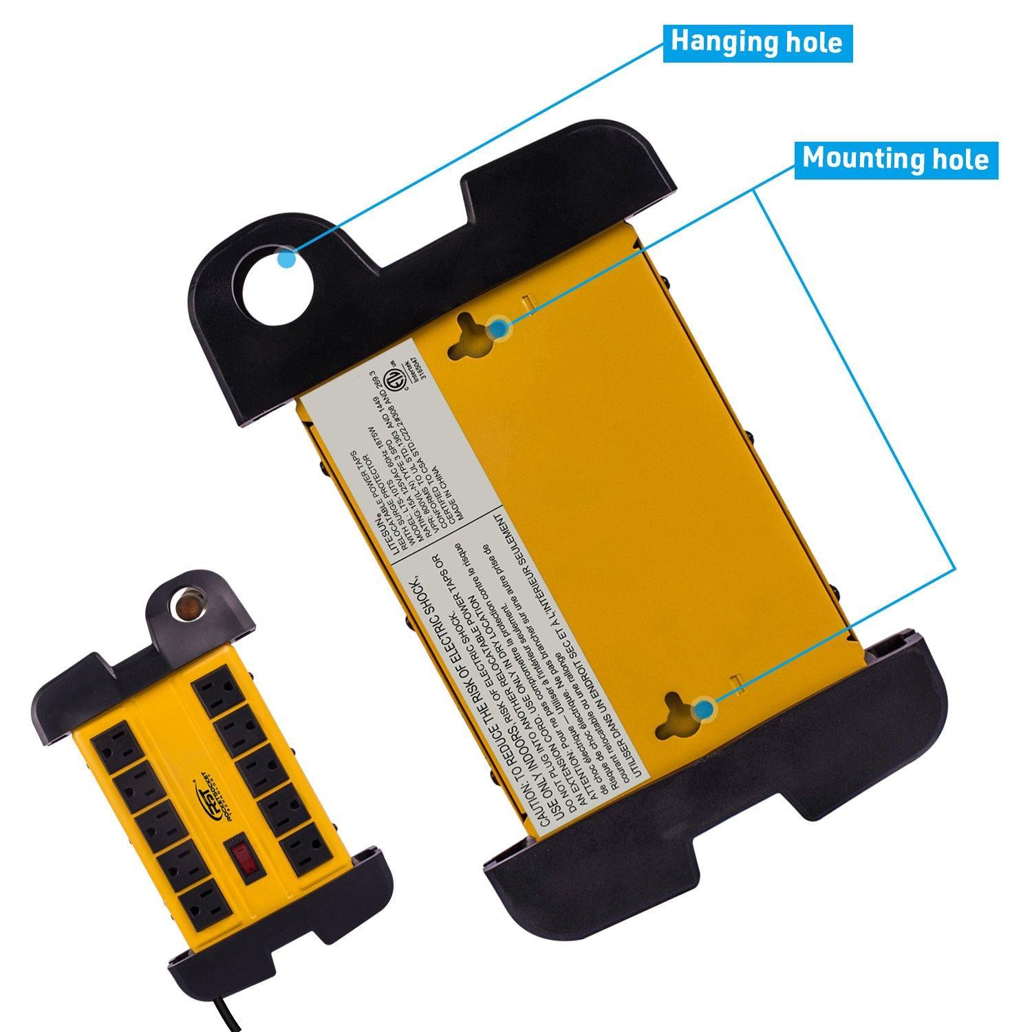 CRST 10-Outlet Metal Surge Protector Power Strip, 2800 Joules Protection, 15FT/6FT Heavy Duty Power Cord with Management Wrap, Wall Mountable Design